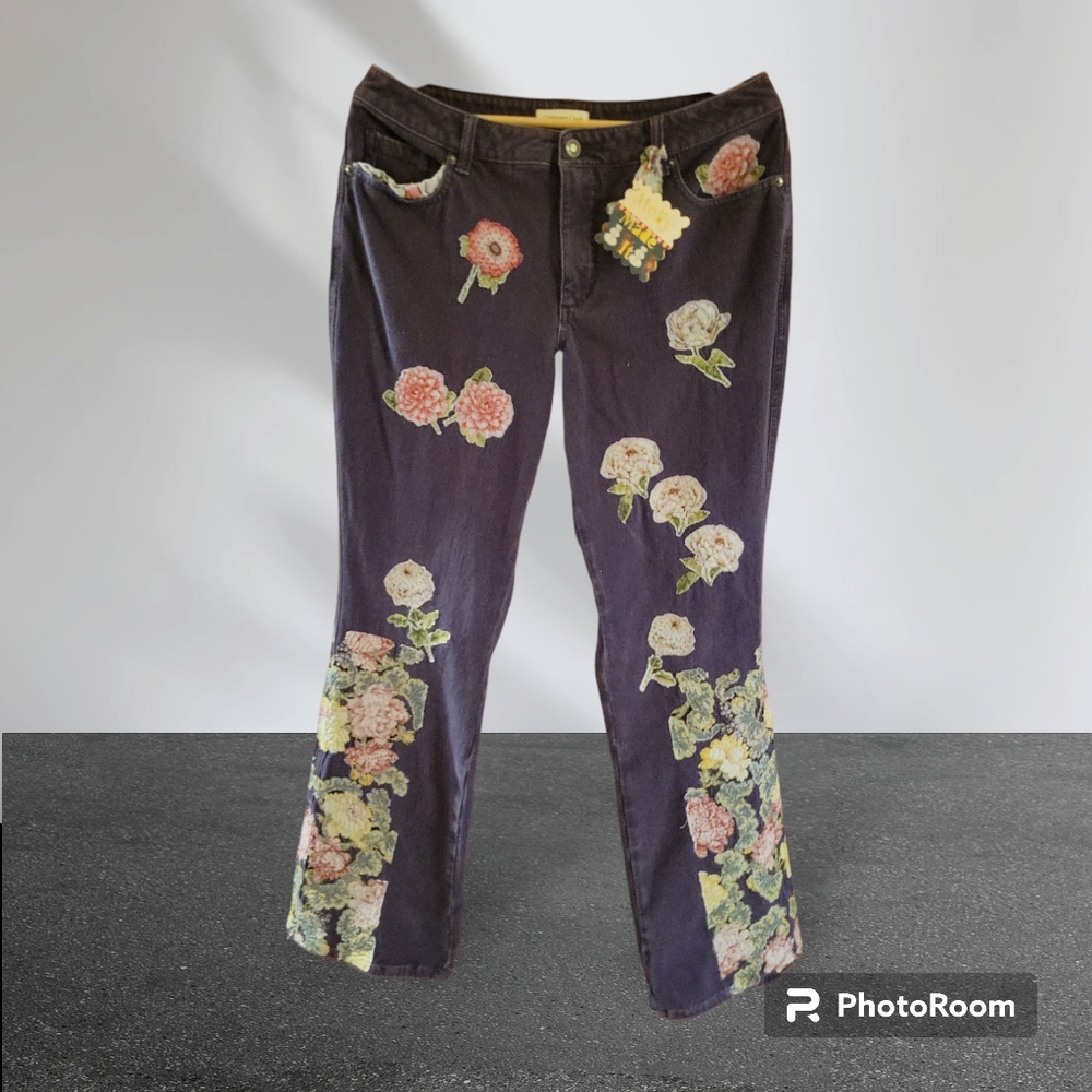 HAND CRAFTED Jeans UPCYCLED Purple Denim Embroidery Floral Applique Size 12